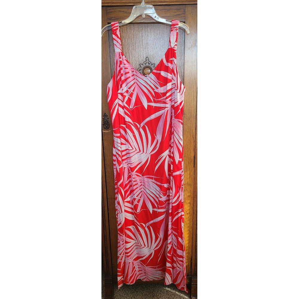 1.STATE Womens XL Red Pink Tropical Palm Leaf Rayon V-Neck Sleeveless Maxi Dress